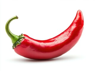 Vivid close up of a vibrant red chili pepper with water droplets against a pristine white background studio shot capturing the freshness and spiciness