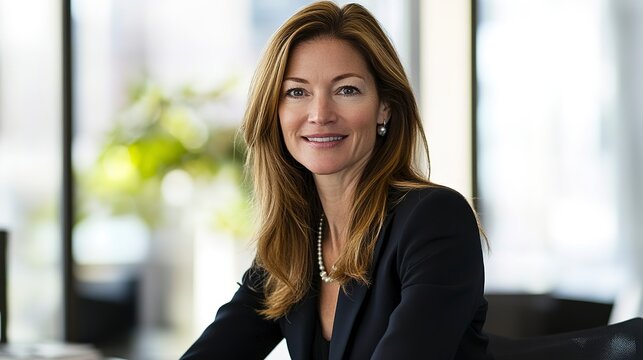 A confident businesswoman exudes success and poise in a modern office setting with soft natural lighting and a blurred background.
