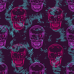 Seamless neon pattern with skulls in chessboard arrangement, abstract striped texture. Outline contour illustrations. Virtual surreal grunge style. For mystical, psychedelic design