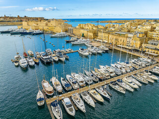 Marina with yachts, boats. Birgu city, Maltese island