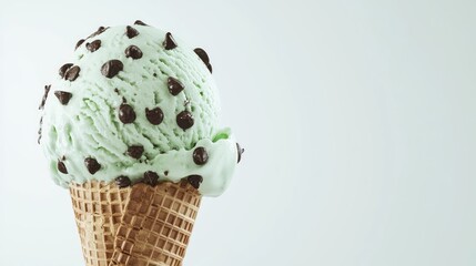 A highly detailed 3D close-up of a mint chocolate chip ice cream cone, isolated on a clean white backdrop with room for branding