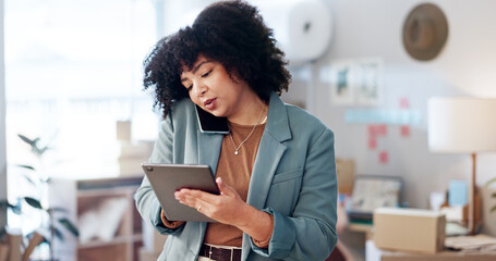 Online shop, woman and phone call with tablet at small business for inventory management and stock...