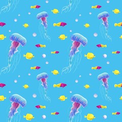Fototapeta premium Seamless pattern with jellyfish, fishes, bubbles, watercolor illustration on an isolated blue background. For textile, fabric, design, card, poster
