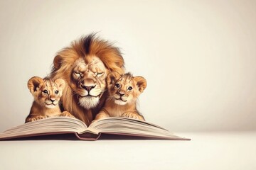 Lion father and cubs reading a book together in a heartwarming family moment, promoting education and togetherness