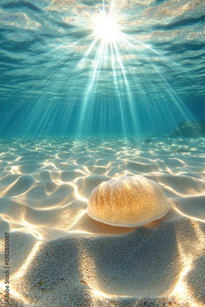 Poster ethereal underwater scene with sun rays illuminating a jellyfish resting on a sandy seabed creating 