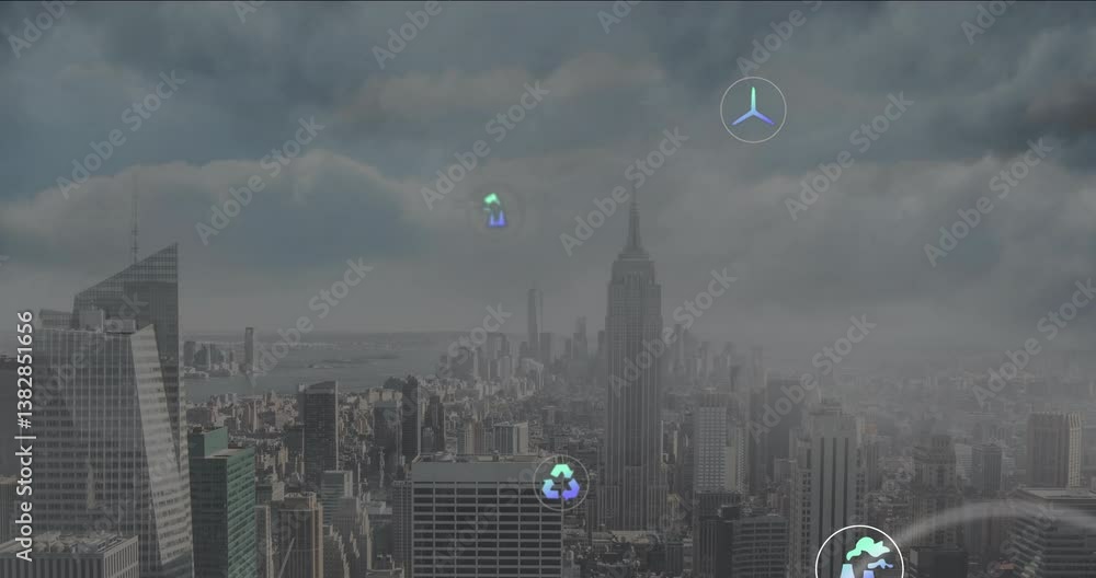Poster digital data and code animations overlaying urban cityscape with skyscrapers