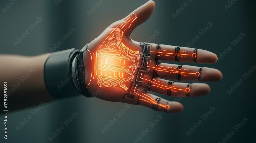 Poster futuristic hand with glowing embedded technology and ai features
