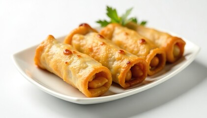 Crispy spring rolls, elegantly arranged, pure white backdrop , vegetable, white background
