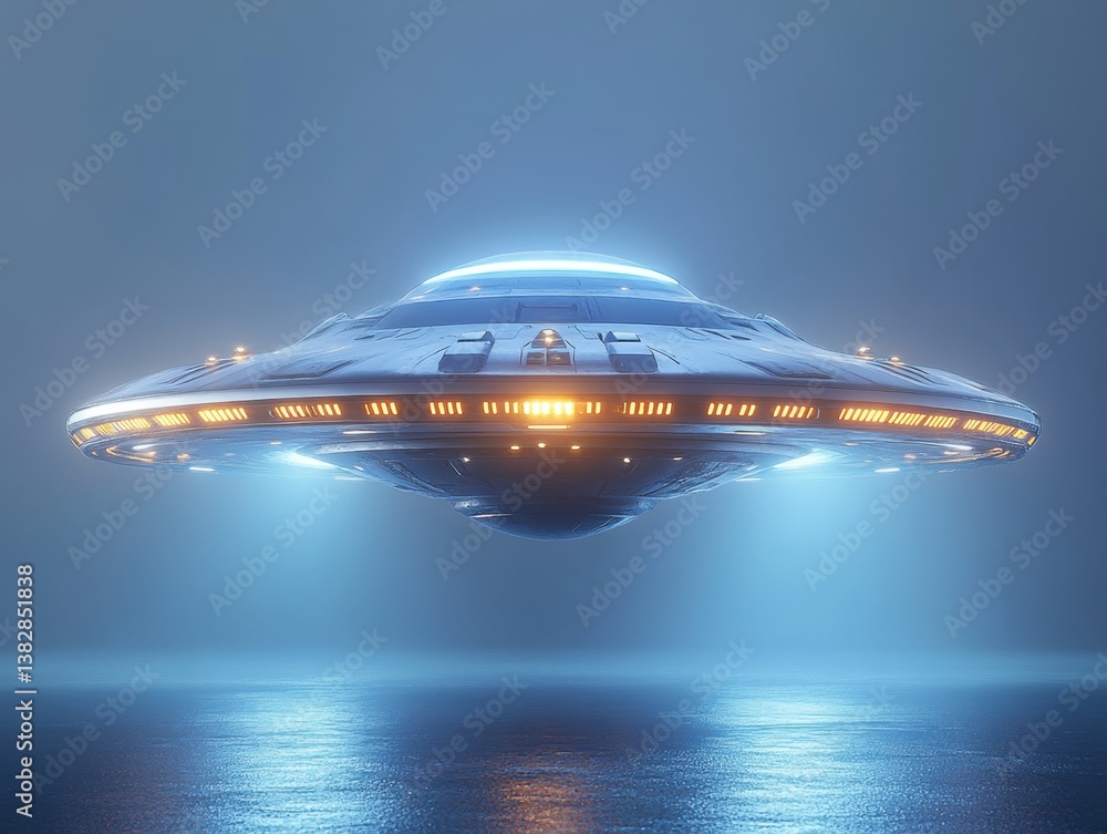 Poster sleek futuristic ufo hovering above reflective surface in a mysterious blue ambience with advanced t