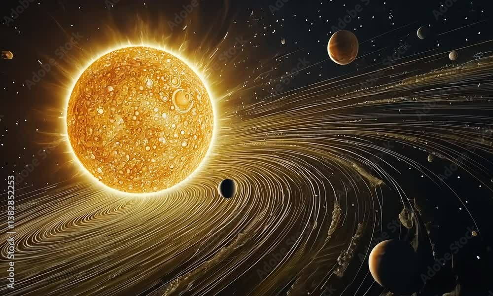 Wall mural sun emitting solar flares with orbiting planets and deep space background with star trails. concept 