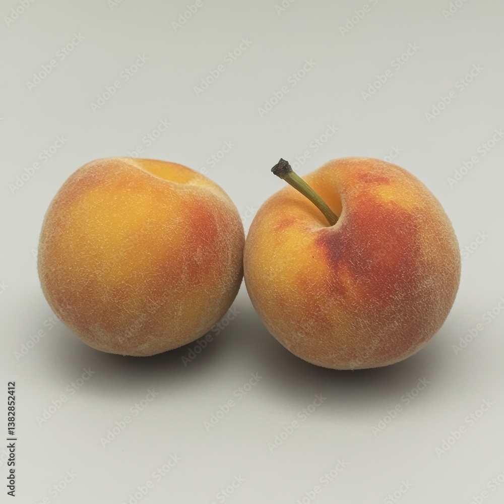 Poster two fresh yellow peaches displayed on light background with stem and soft texture close up shot