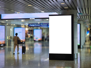 blank white screen on a pole in an airport, advertising media and digital information media