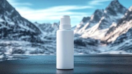 Cosmetic product bottle on snowy mountain background for advertisement design