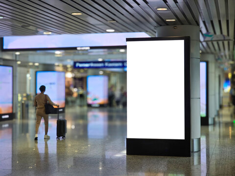 blank white screen on a pole in an airport, advertising media and digital information media