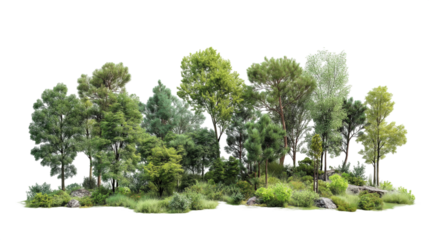 forest with different trees isolated  on white background , transparent png 