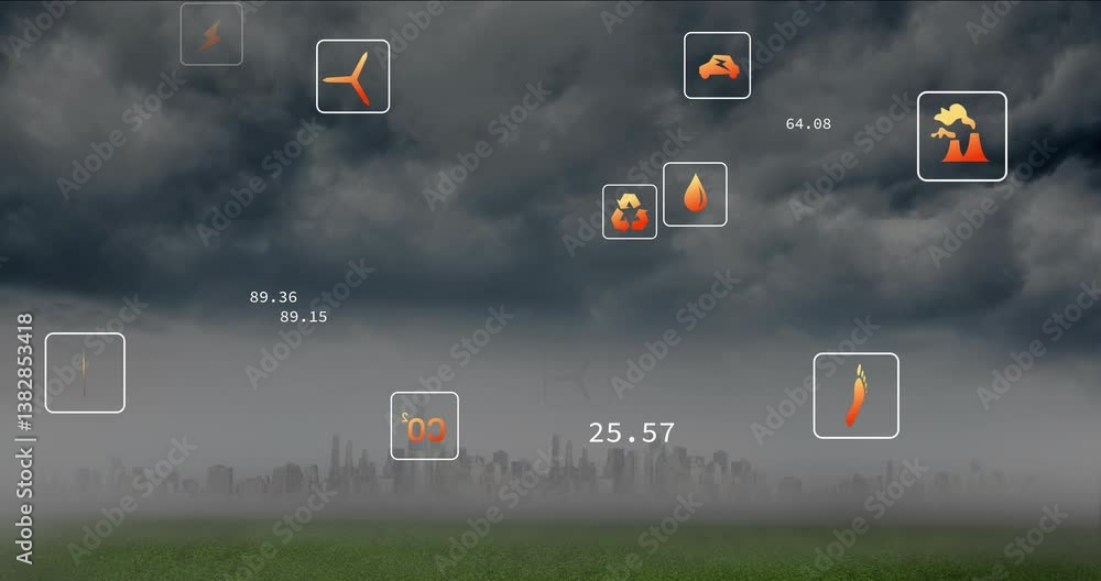 Poster animation of weather icons and data overlaying cloudy cityscape with green foreground