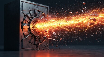 A vault door being breached by a powerful energy beam with debris and sparks flying around it
