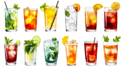 Assortment of refreshing watercolor cocktails isolated, cut out transparent