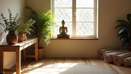 Fototapeta premium Peaceful yoga interior with natural lighting, a Buddha sculpture.