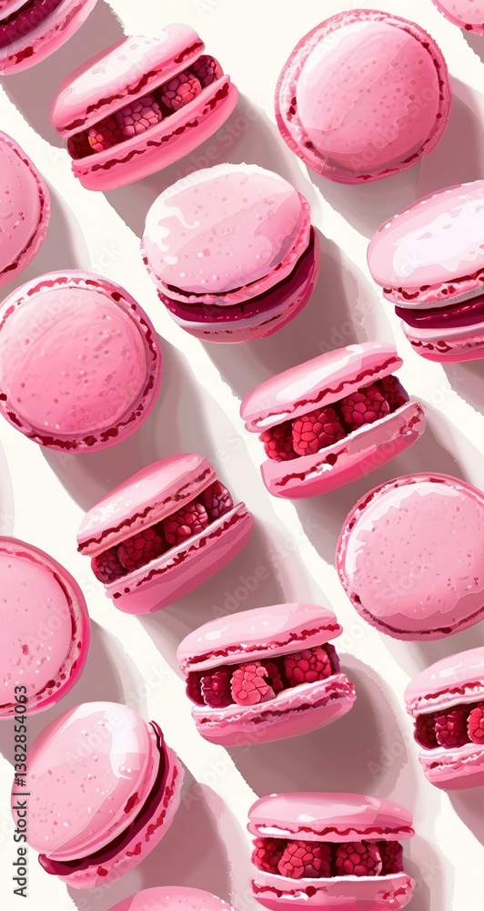 Poster pink macarons with raspberry filling, arranged in an aesthetically pleasing pattern on a white