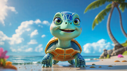 Naklejka premium AI-generated images of a storybook character, 3D animation-style, cute, playful baby Turtle 