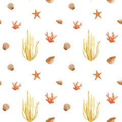 Seamless pattern with corals, starfish, shells, watercolor illustration on an isolated white background. For textile, fabric, design, card, poster