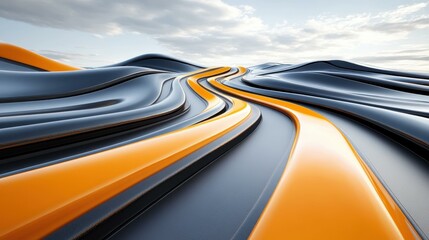 Fototapeta premium Abstract futuristic landscape of smooth waves and curving lines in a stylized design with orange accents, set against a cloudy sky
