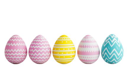 Row of decorated Easter eggs on black background, cut out transparent
