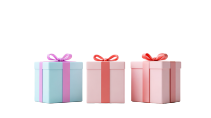 Three pastel presents with ribbons, gift illustration , cut out transparent