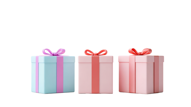 Three pastel presents with ribbons, gift illustration , cut out transparent