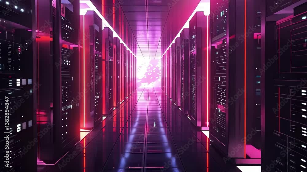 Poster a bright corridor runs between rows of servers in a high-tech data center, illuminated with neon lig