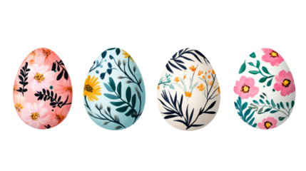 Artistic Easter eggs collection with floral designs, cut out transparent