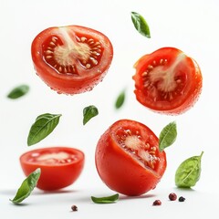 Fresh halved tomatoes and basil leaves in dynamic mid air arrangement on a clean white background creating a vibrant food still life