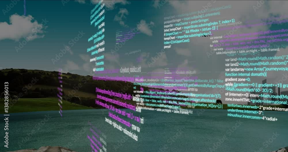 Poster animation of colorful programming code floating over serene lake and forest landscape