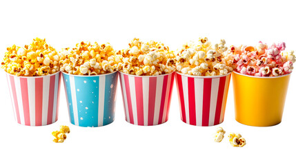 Variety of popcorn buckets, colorful, striped, sweet treats, cut out transparent