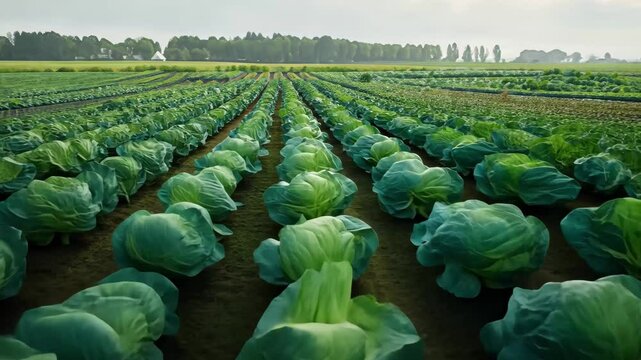 A vast field of cabbages fills the landscape, with rows of lush green heads lining the ground. The cloudy sky looms above, hinting at a cool morning atmosphere.