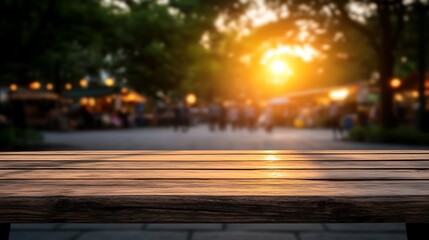 Sunset Market Empty Wooden Table at Dusk.