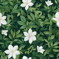 Seamless Pattern of White Flowers Surrounded by Lush Green Leaves in a Vibrant Botanical Design