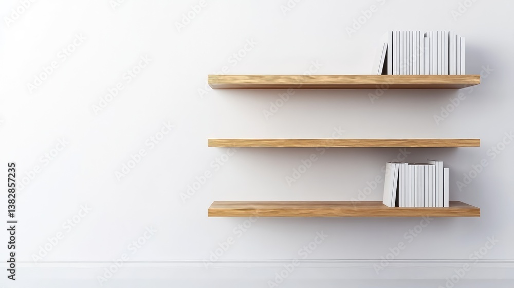 Poster a minimalist bookshelf with open shelves, positioned on a clean white backdrop with room for text