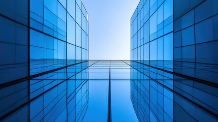 Abstract geometric view of modern architecture with blue glass facade reflecting the sky in symmetrical patterns