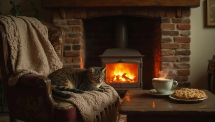 Warm living room featuring a glowing fireplace, a cup of tea, cookies on a wooden table, and a resting cat, evoking feelings of relaxation, warmth, and comfort on a chilly evening.
