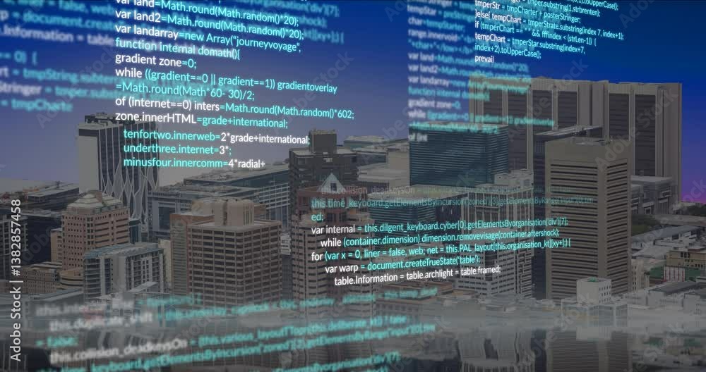 Aufkleber digital code overlay on cityscape representing technology integration in urban areas