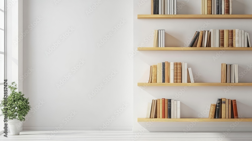 Aufkleber a minimalist bookshelf with open shelves, positioned on a clean white backdrop with room for text