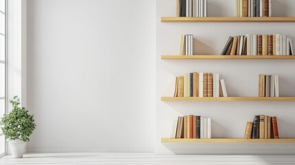 A minimalist bookshelf with open shelves, positioned on a clean white backdrop with room for text