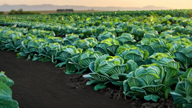 Rows of lush green cabbage plants stretch across a field under a beautiful sunset, casting warm light on the agricultural landscape, evoking tranquility.