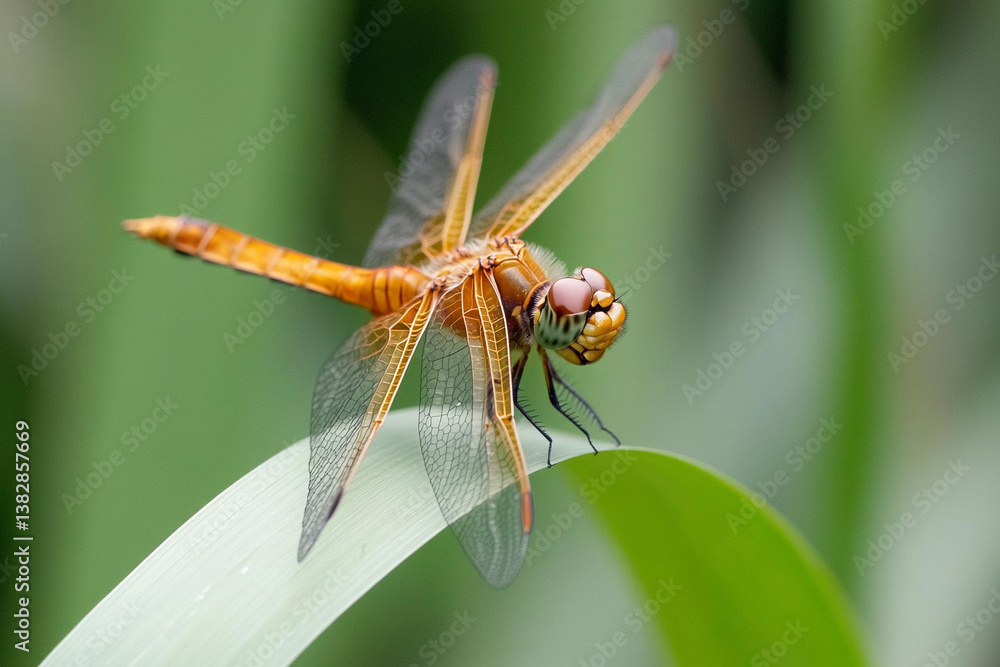 Poster close-up view of a dragonfly resting on a reed in a lush green habitat during daylight hours