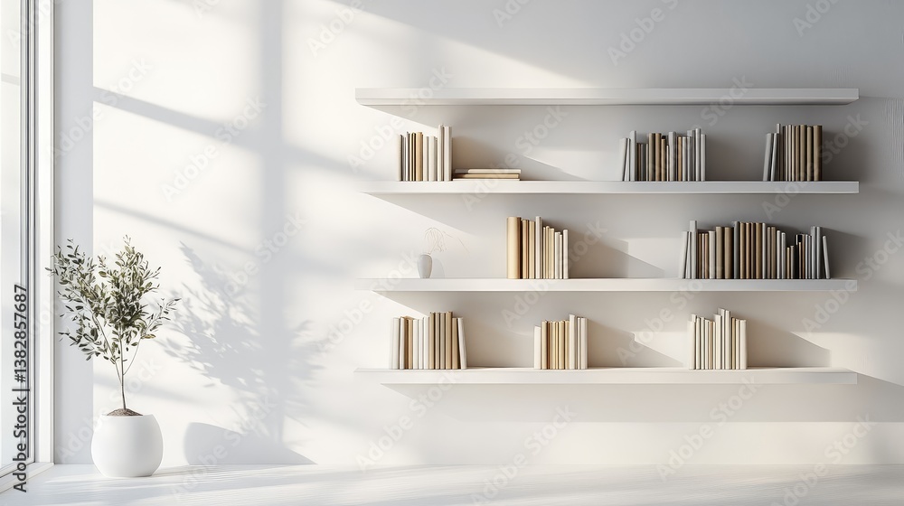 Aufkleber a minimalist bookshelf with open shelves, positioned on a clean white backdrop with room for text