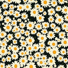 Vibrant Seamless Pattern of White Daisies with Yellow Centers on a Dark Background