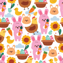 Naklejka premium seamless pattern cute cartoon bunny and chicken with basket of easter egg. cute easter wallpaper, pattern, background