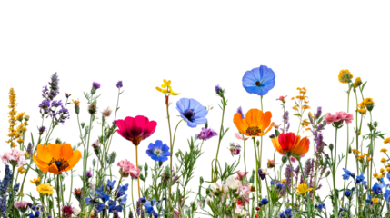 Wildflowers assortment isolated on black background, floral diversity, cut out transparent